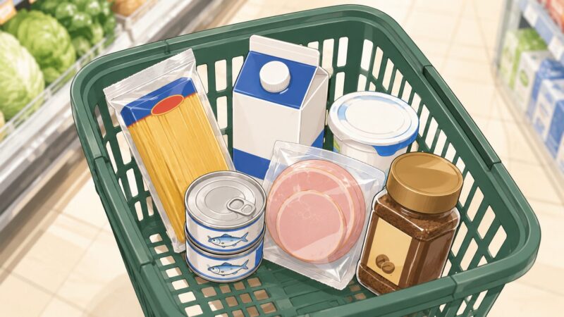 スーパーの買い物かごに、パスタ、缶詰、牛乳、ヨーグルト、ハム、コーヒーが入っている様子