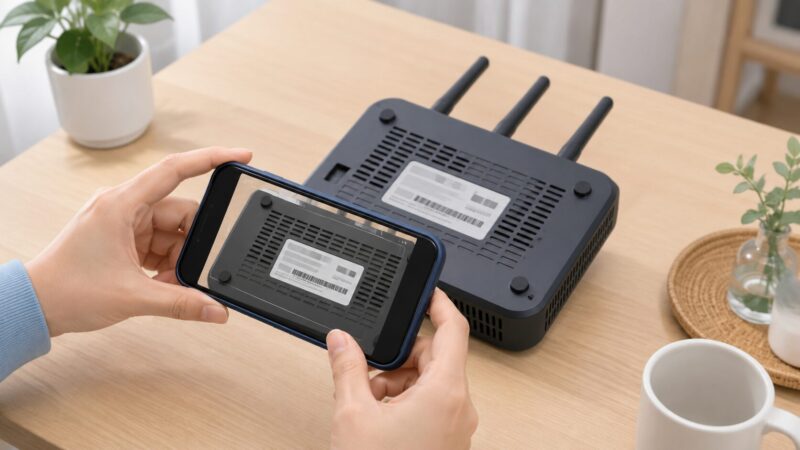 Wi-Fiルーターを裏返し、底面の型番ラベルをスマートフォンで撮影している様子