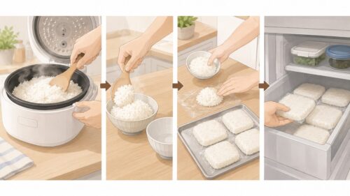炊飯終了から食事・冷凍までの流れを伝える