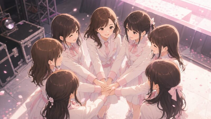 ステージの舞台裏で手を重ねる女性グループのイラスト