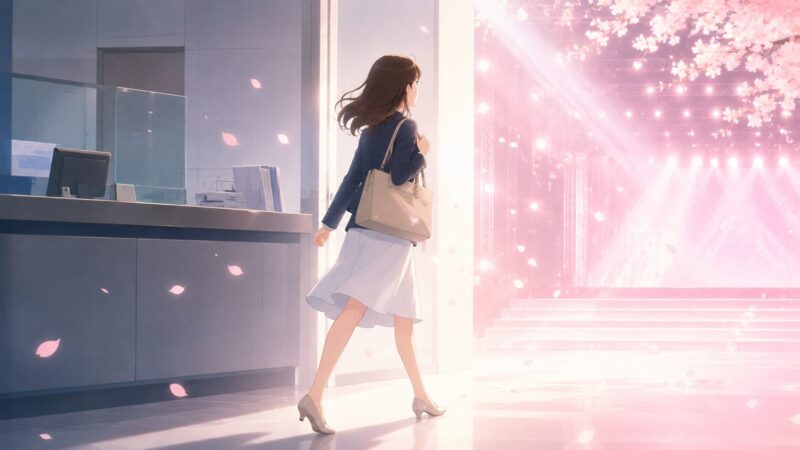 銀行窓口から桜色のステージへ歩き出す女性のイラスト