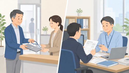会社への訪問と実際の勤務を分けて確認する場面