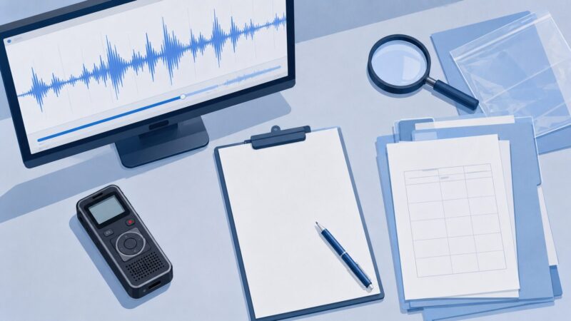 音声波形、録音機、調査資料を別々に配置した検証イメージ