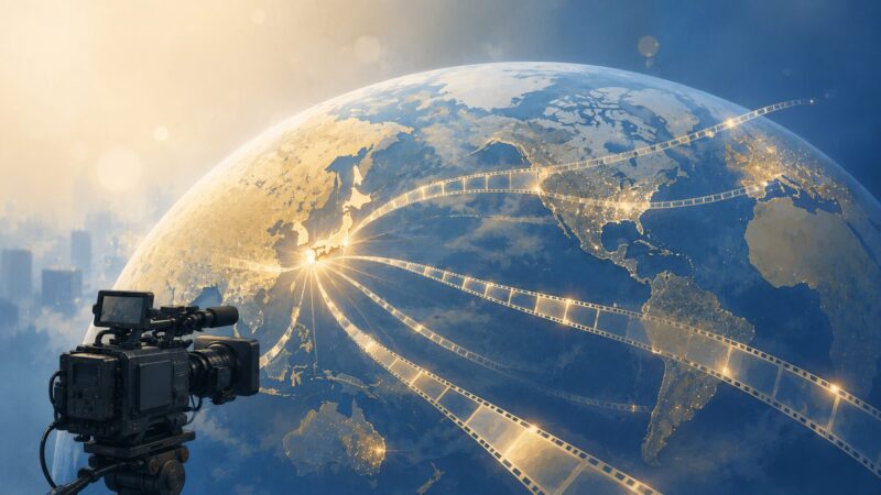 日本から世界へ映像が広がる地球とフィルムのイメージ