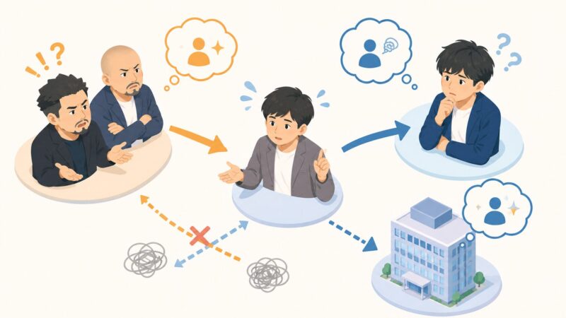 出演依頼をめぐり関係者の認識が食い違う様子を表現したイメージイラスト