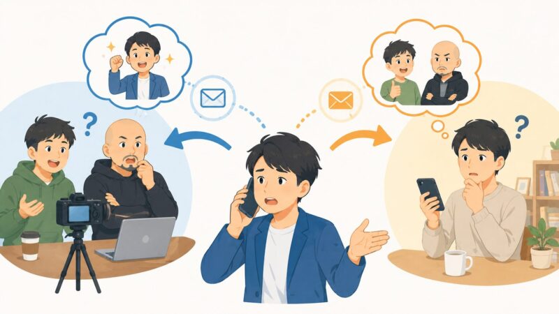 制作担当者を介した出演依頼の連絡経路と認識の違いを表したイメージ