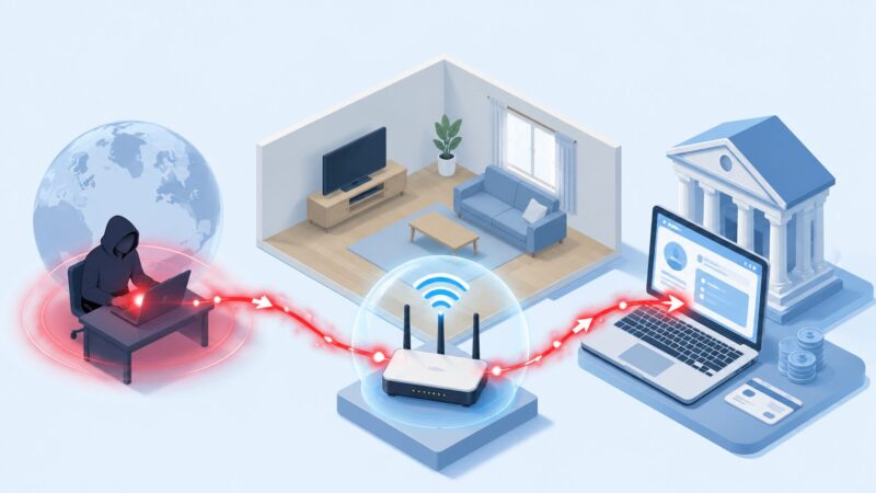 犯罪者の通信が一般家庭のルーターを経由して銀行へ向かう仕組み
