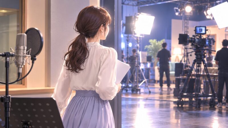 収録スタジオからテレビドラマの撮影現場へ向かう女性のイメージイラスト