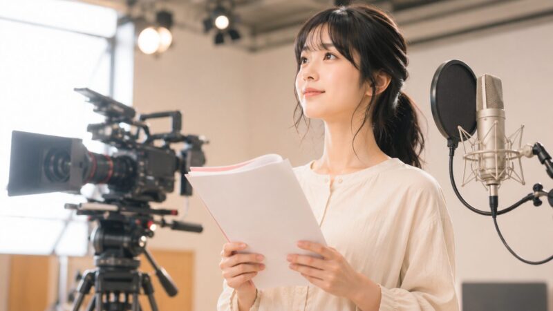 撮影スタジオで台本を持つ若手俳優のイメージイラスト