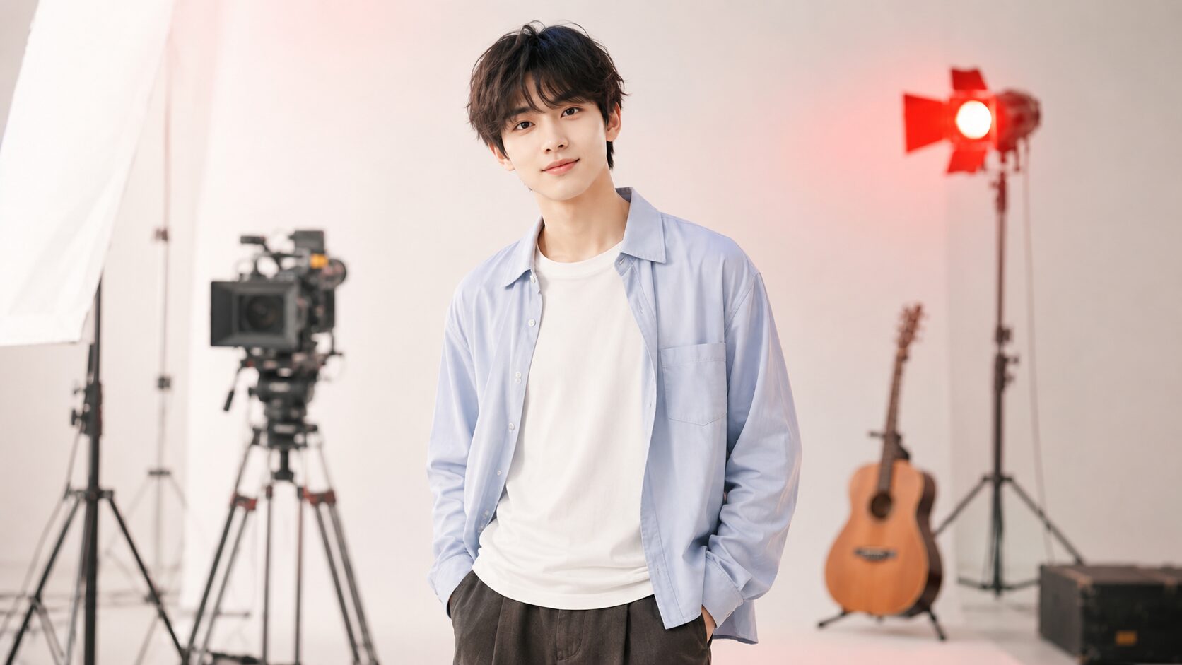 爽やかな若手男性俳優が撮影スタジオの中央に立ち、背景に赤い光、映画用カメラ、ギターを控えめに配置した構図