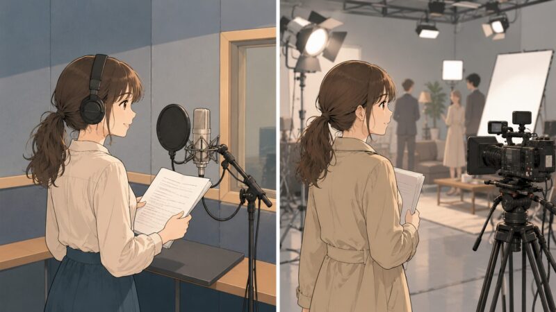アフレコブースでの声の出演と実写ドラマ撮影を比較したイメージイラスト