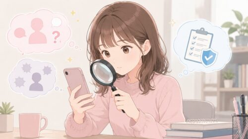 虫眼鏡で情報を確認する読者のイメージ