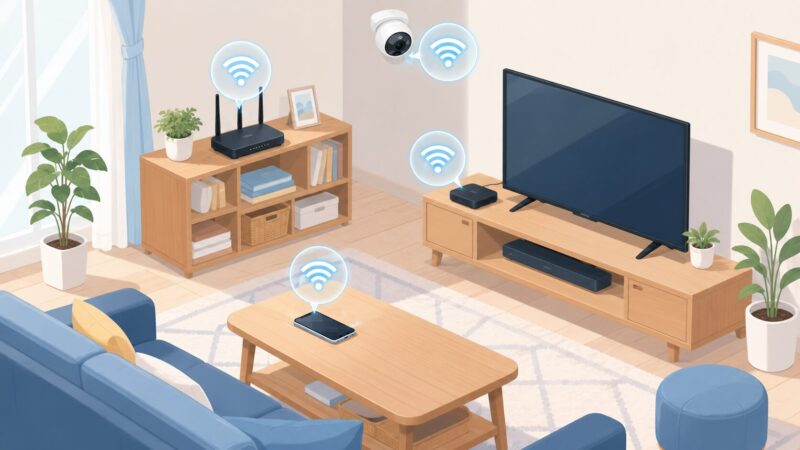 リビングにあるWi-Fiルーターやスマートテレビなどのインターネット機器