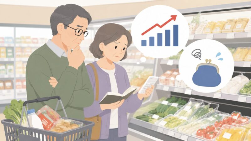 スーパーで食品価格と家計簿を確認する中高年夫婦