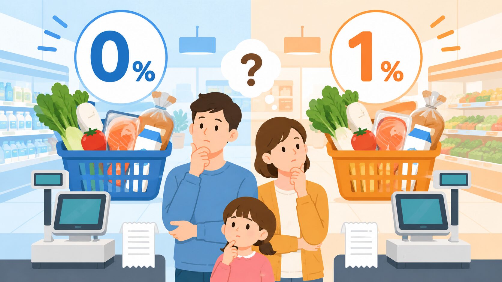 食料品が入った買い物かごとレシート、スーパーのレジを描き、左右で0％と1％を比較する構図