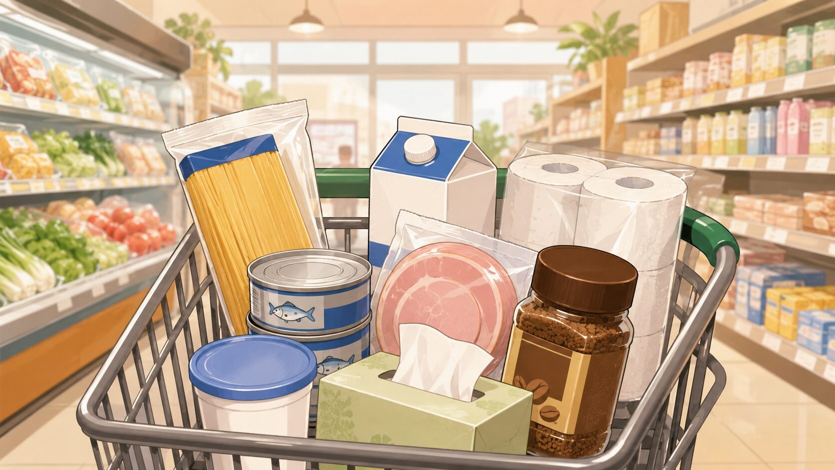 日本のスーパーマーケットの売り場を背景に、パスタ、缶詰、牛乳、ハム、コーヒー、ティッシュ、トイレットペーパーが並ぶ買い物カート