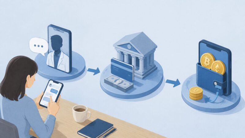 SNSでの接触から銀行送金、暗号資産口座への資金移動を示した概念図
