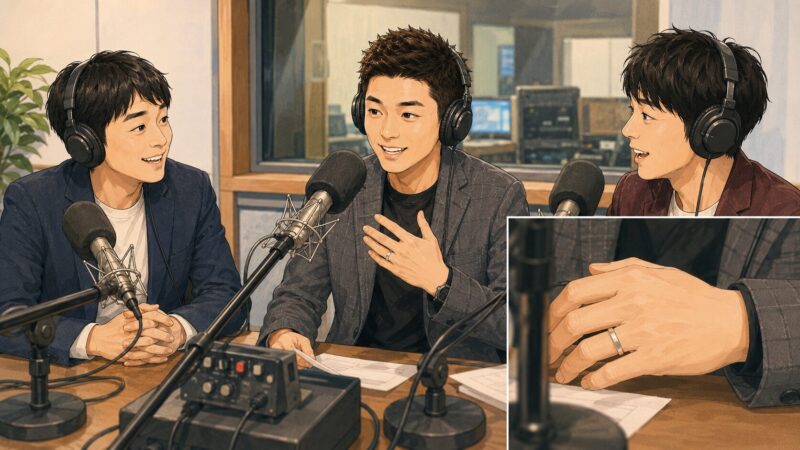 ラジオスタジオで3人の男性が結婚報告について話す様子を表したイラスト