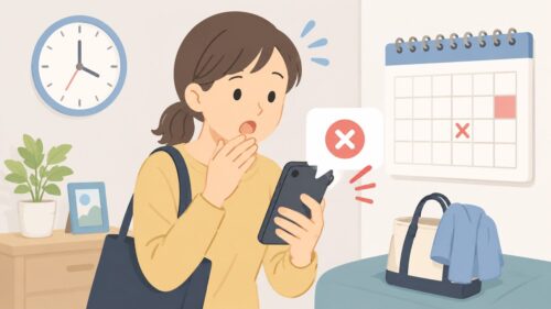 仕事に向かう準備をした人がスマホでキャンセル通知を見る場面。