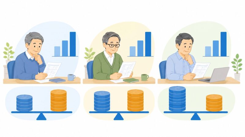 3人は60代の一般的な日本人会社員で、机に座り、給与明細や年金通知書を確認している。