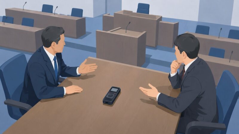 県議会を背景に向かい合う2人の男性議員と録音機を描いたイメージ