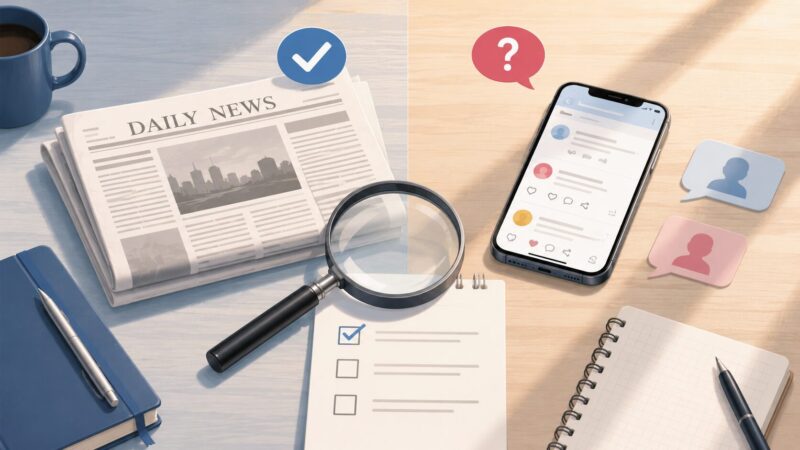 新聞とスマートフォンを使って報道と噂の違いを表現したイメージ