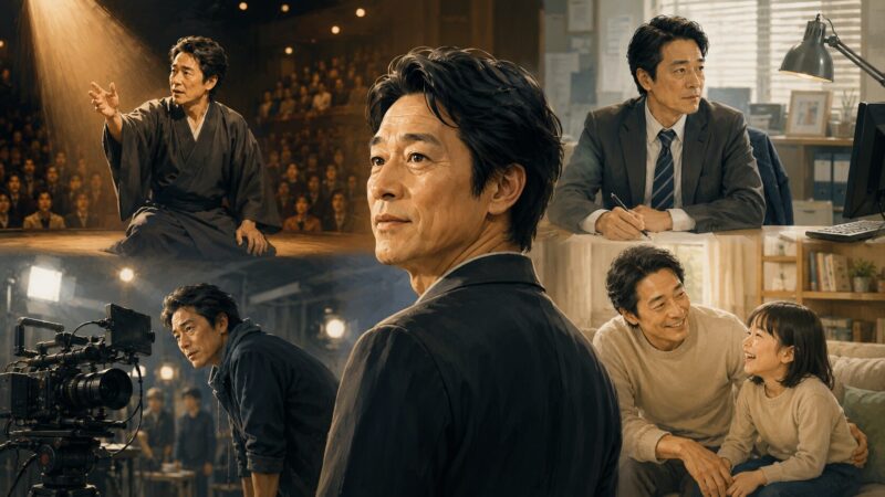 堤真一さんが演じてきた役柄の幅を表現したAI生成イラスト