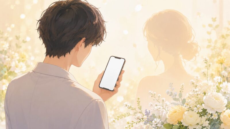 スマートフォンで結婚報告を見ている人物と、結婚相手を象徴する柔らかなシルエットのイラスト