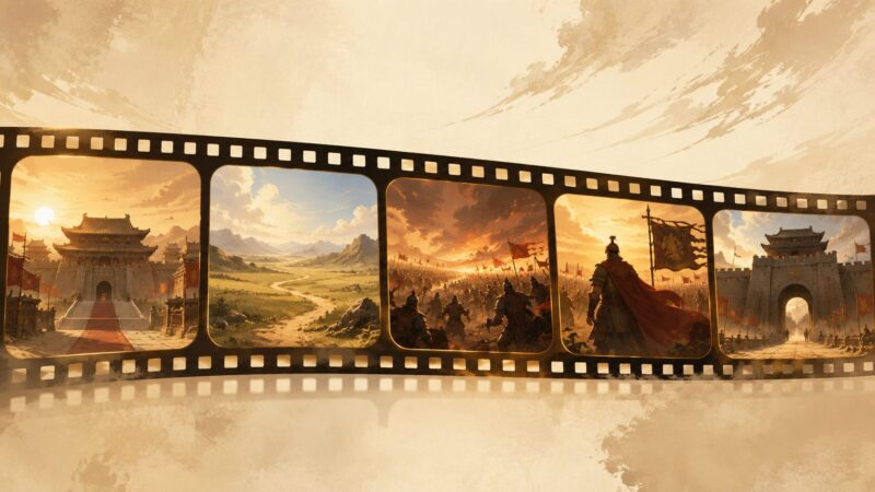 キングダム実写映画全5作の公開順を表したフィルム風イラスト