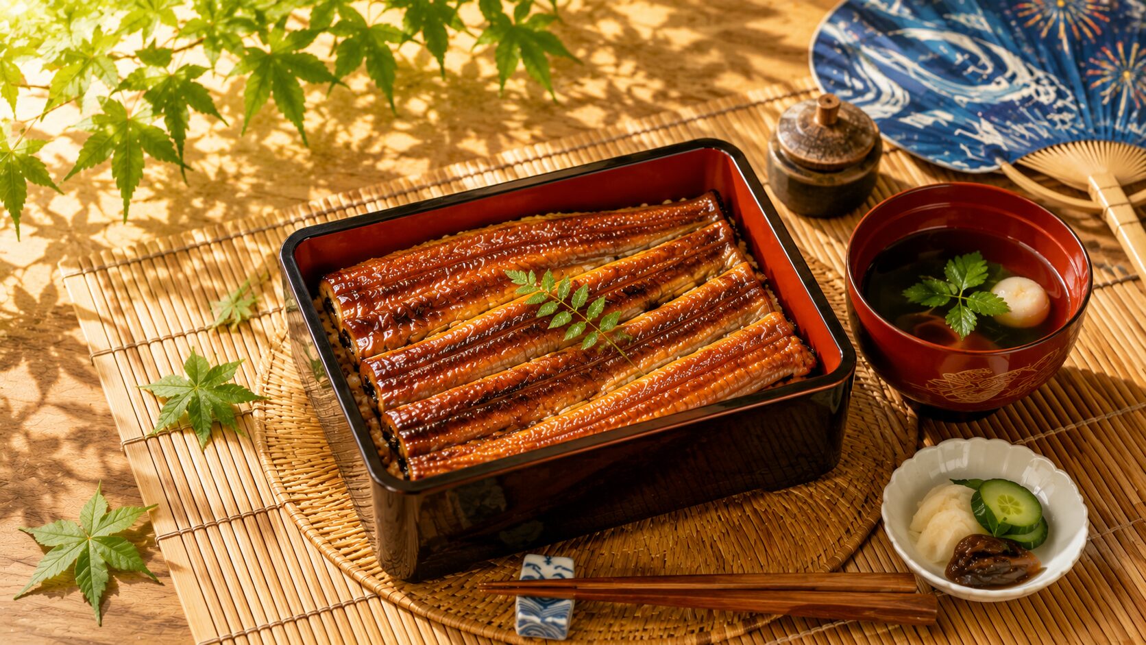 明るい夏の食卓に、つやのあるウナギの蒲焼き