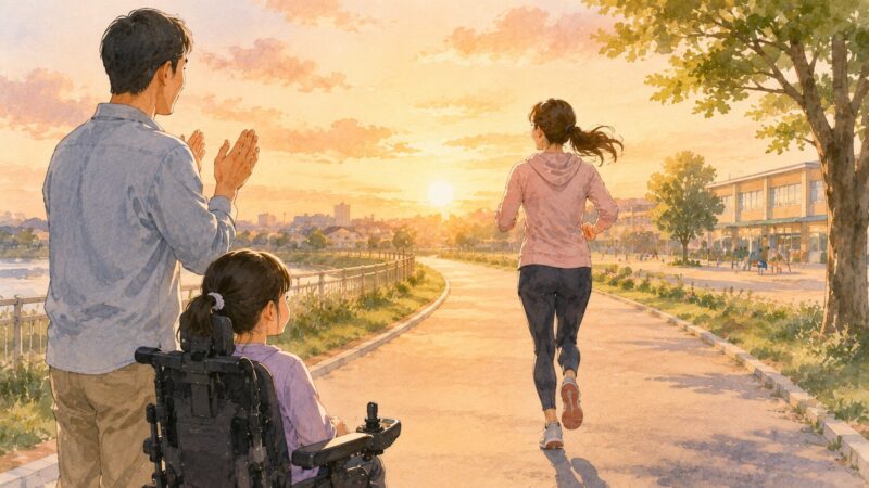 夕暮れの道を走る母親を夫と電動車いすの娘が応援するイメージイラスト