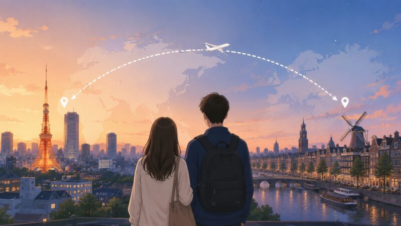 東京とオランダを飛行機で結ぶ遠距離のイメージ