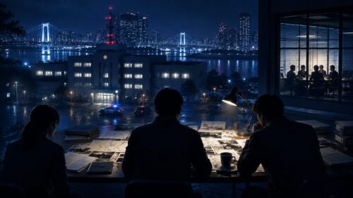 湾岸エリア風の夜景、警察署風の建物、会議室の明かり、捜査資料を見つめる人物の後ろ姿