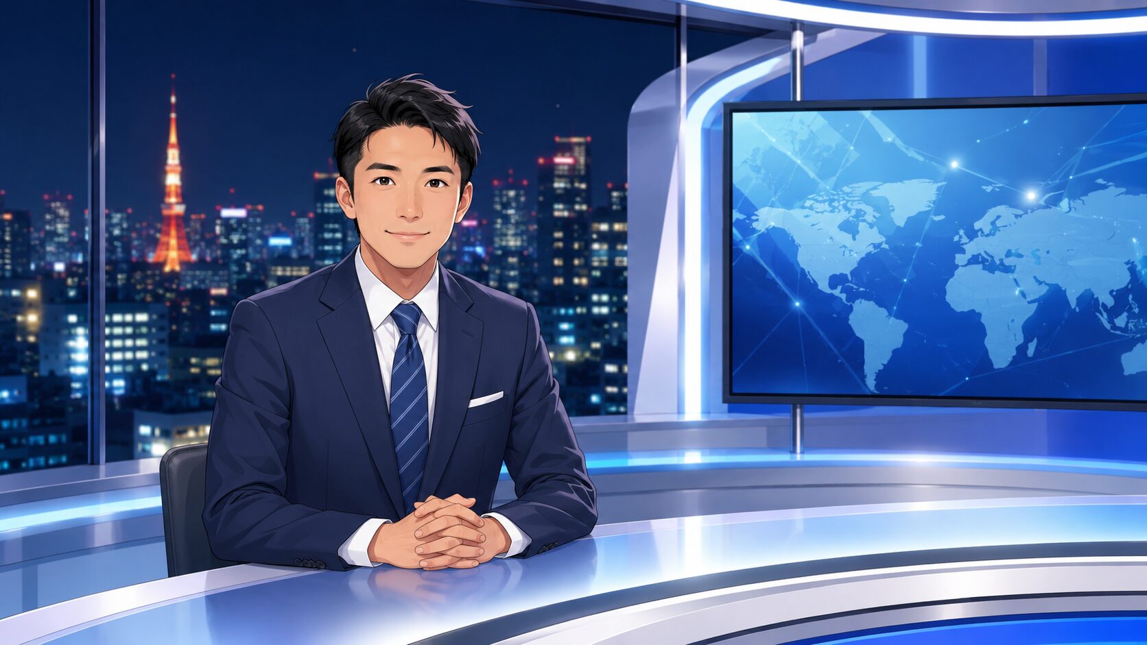 夜の東京を背景に、インターネットニュース番組のスタジオへ戻ってきた日本人男性キャスターを描く。スタジオのモニターには抽象的な世界地図を表示する
