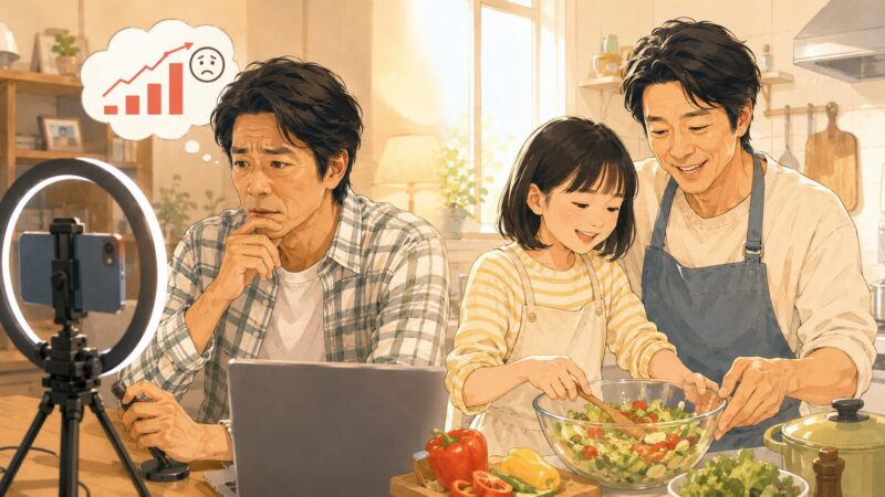 役柄と実生活の父親像の違いを表現したAI生成イラスト