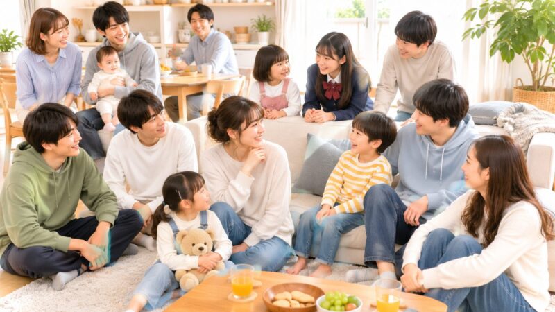 年齢の離れた兄弟姉妹がリビングで過ごすイメージイラスト