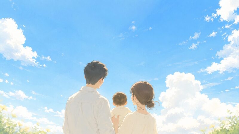 青空を見上げる両親と赤ちゃんの後ろ姿を描いたイラスト