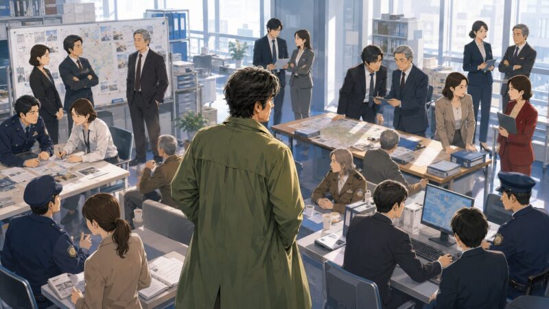 主人公を中心に、捜査第一課、警察庁、所轄署、専門部門、元湾岸署関係者がつながっていることを視覚的に伝える