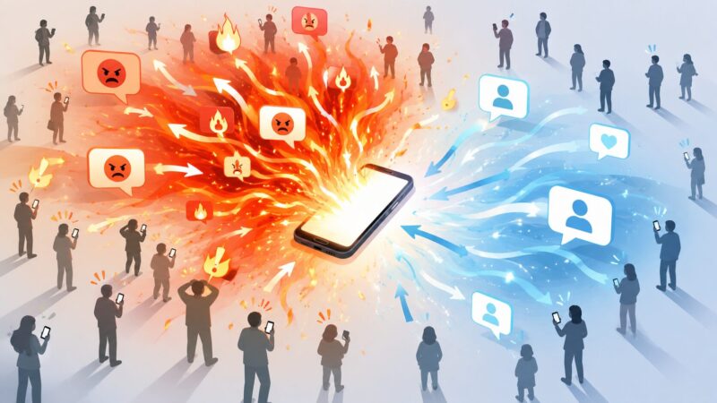 SNSで誤解が急速に拡散し訂正情報が後から広がる様子のイメージ