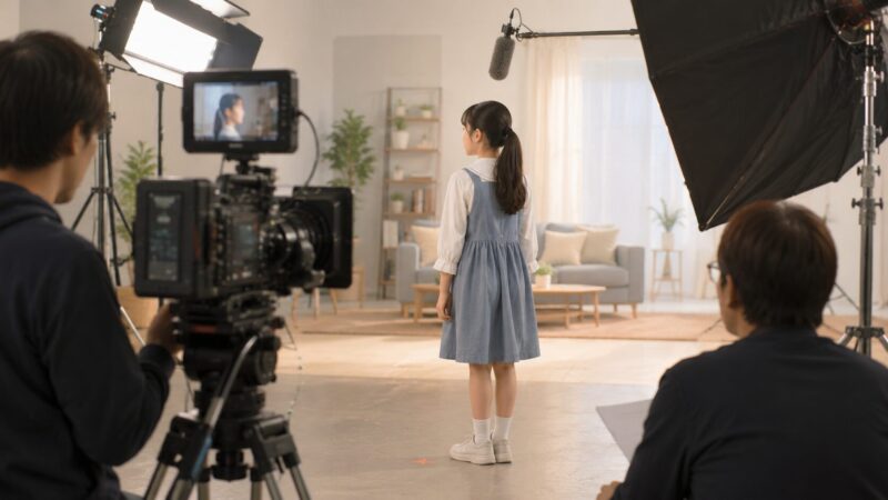 撮影スタジオでカメラの前に立つ中学生くらいの子役を、横または後方から描いた一般的なイラスト