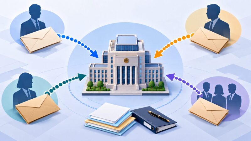 複数の封筒と経路が議会建物へ集まる様子を描いたイメージ