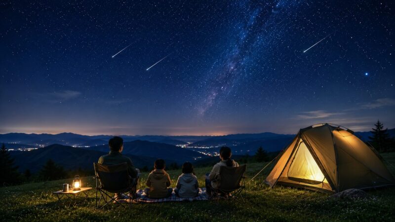 高原のキャンプ場でイスとレジャーシートを使い流星群を眺める家族のイメージ