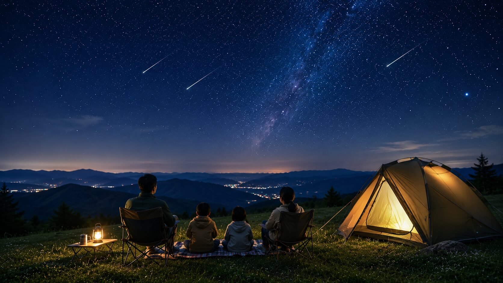 開けた高原のテント、リクライニングチェア、満天の星、数本の流れ星