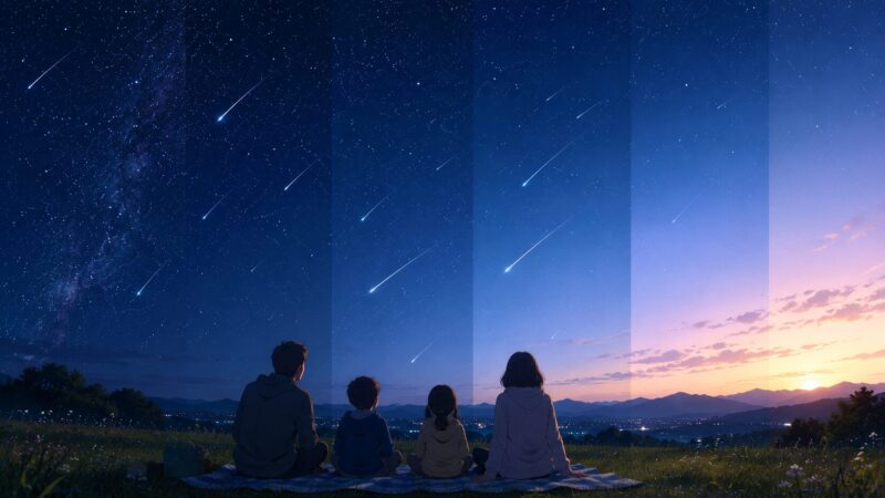 ペルセウス座流星群の見頃となる深夜から夜明け前の空を観察する家族