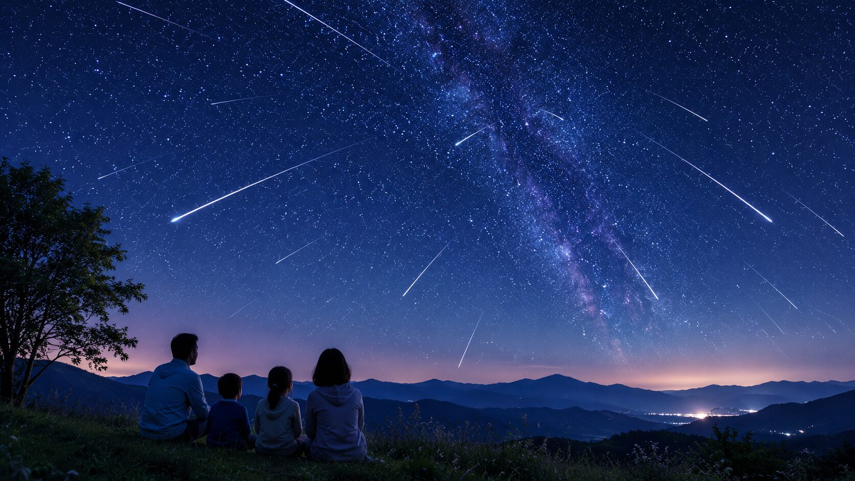 夏の日本の高原から見上げる満天の星空と、空全体を横切る複数の流れ星