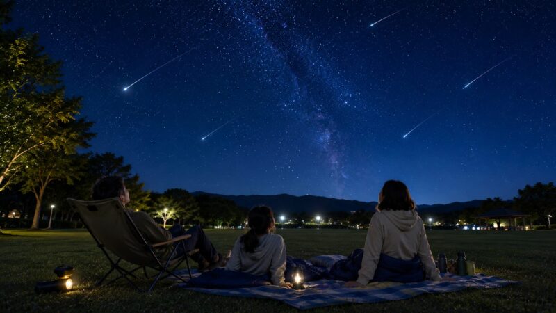 街灯の少ない公園で、イスやレジャーシートを使い安全に星空を見る様子