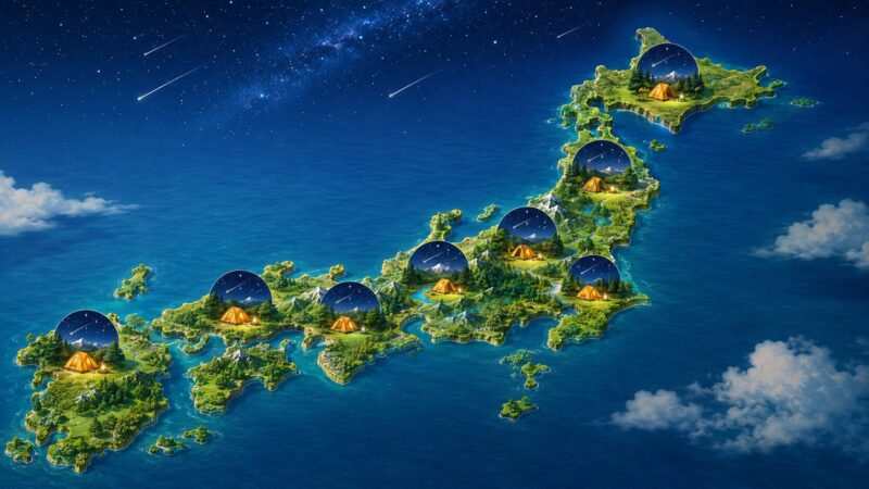 北海道から九州までの星空キャンプ候補地域を表現した日本地図のイメージ