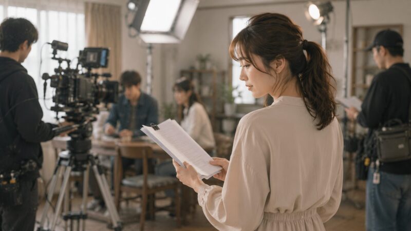 ドラマ撮影現場で台本を確認する女性俳優のイメージイラスト