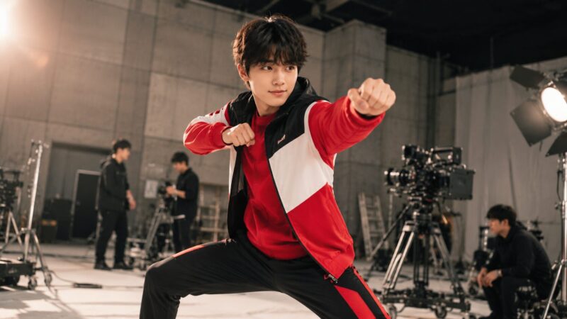 撮影スタジオでアクション練習をする若手俳優のAI生成イメージ