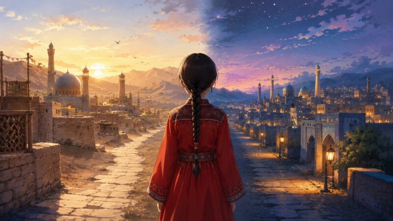 異国情緒のある街並みを背景に、赤い民族衣装を着た少女を後ろ姿で描く。左右で過去と現在を表す穏やかな構成